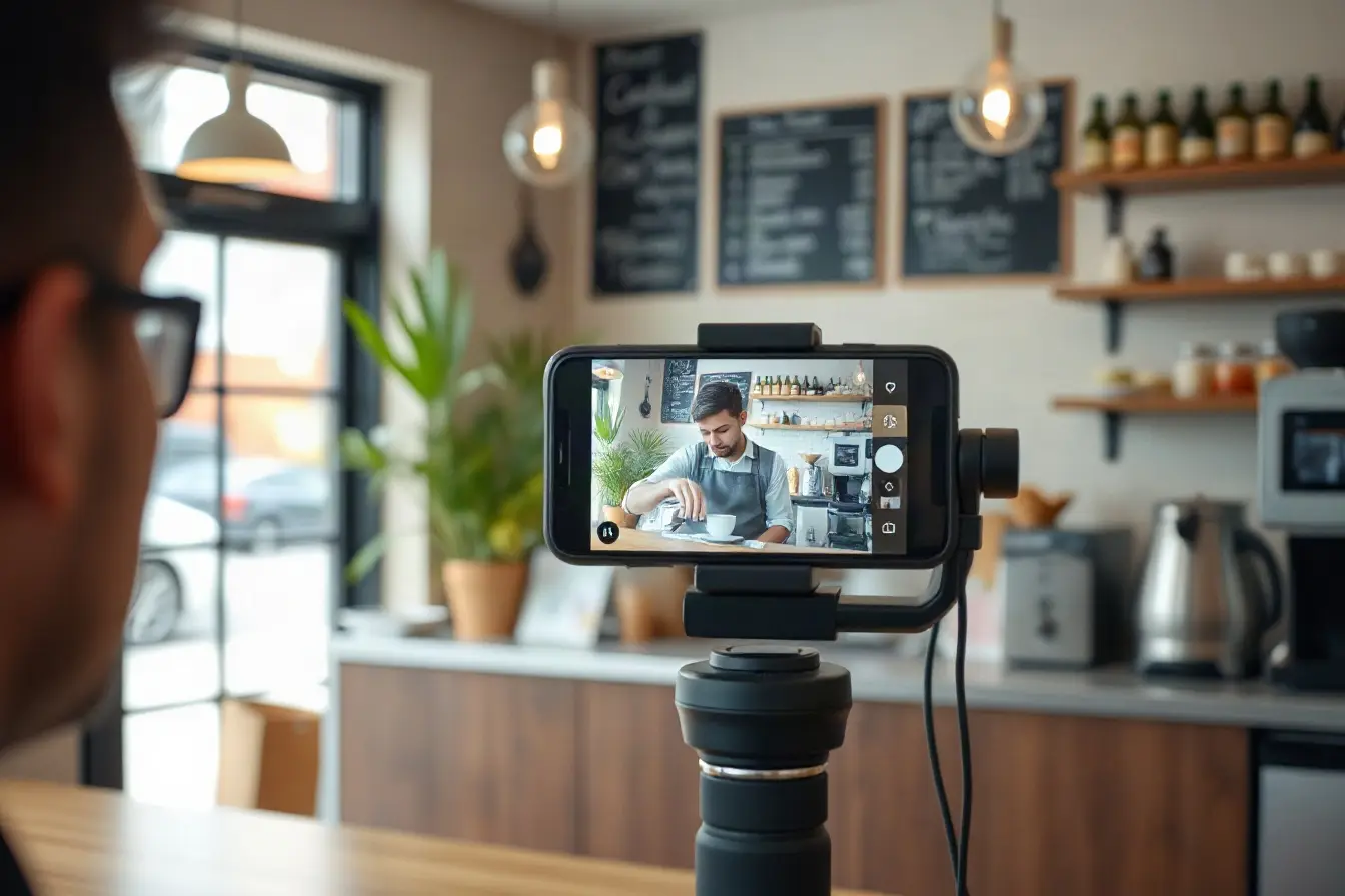 Videographer filming a vertical coffee video on a gimbal