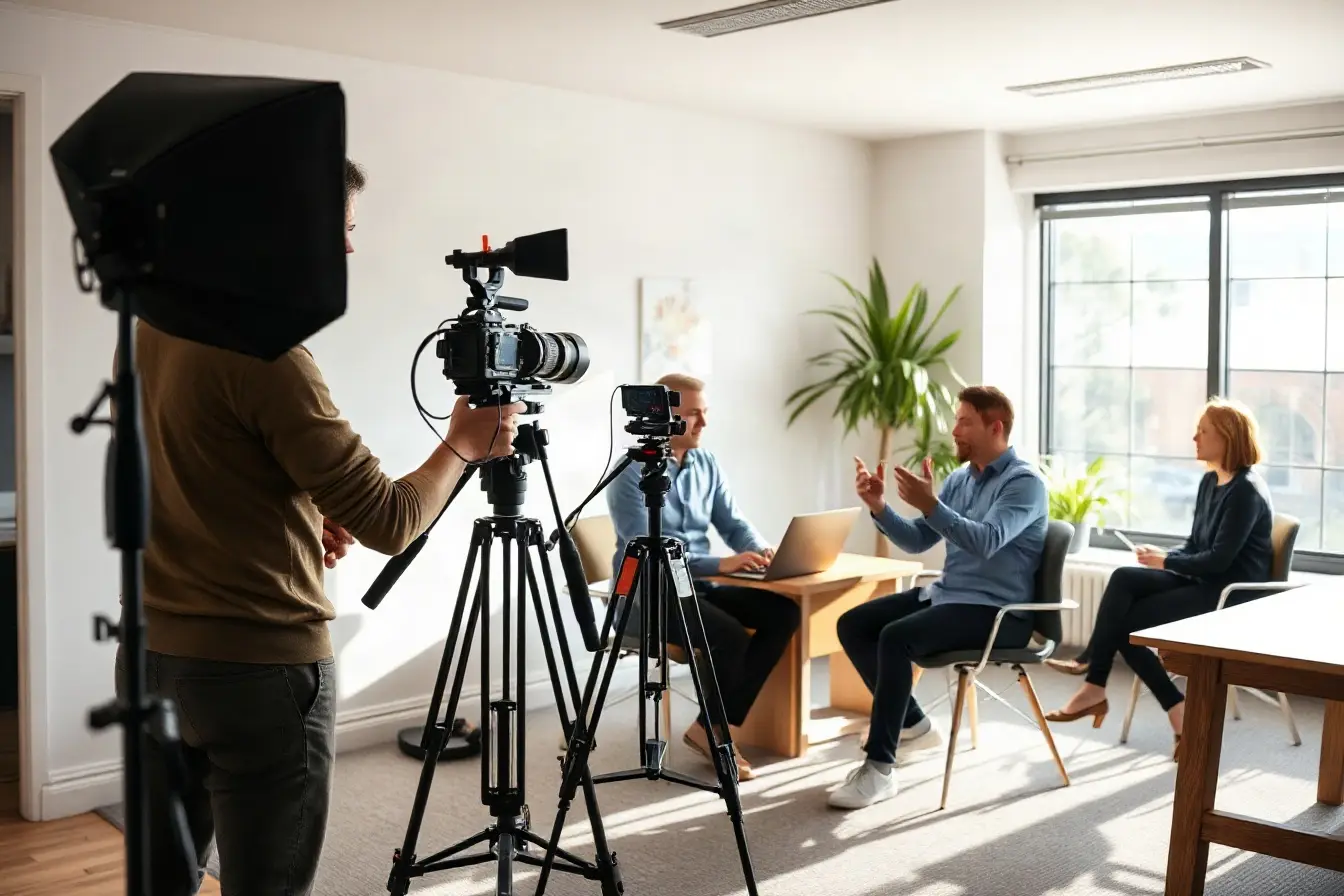A small video crew filming a client interview in a sunlit Manchester office