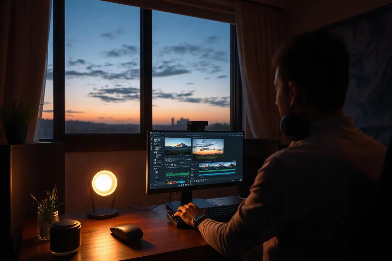 Video editing suite at dusk